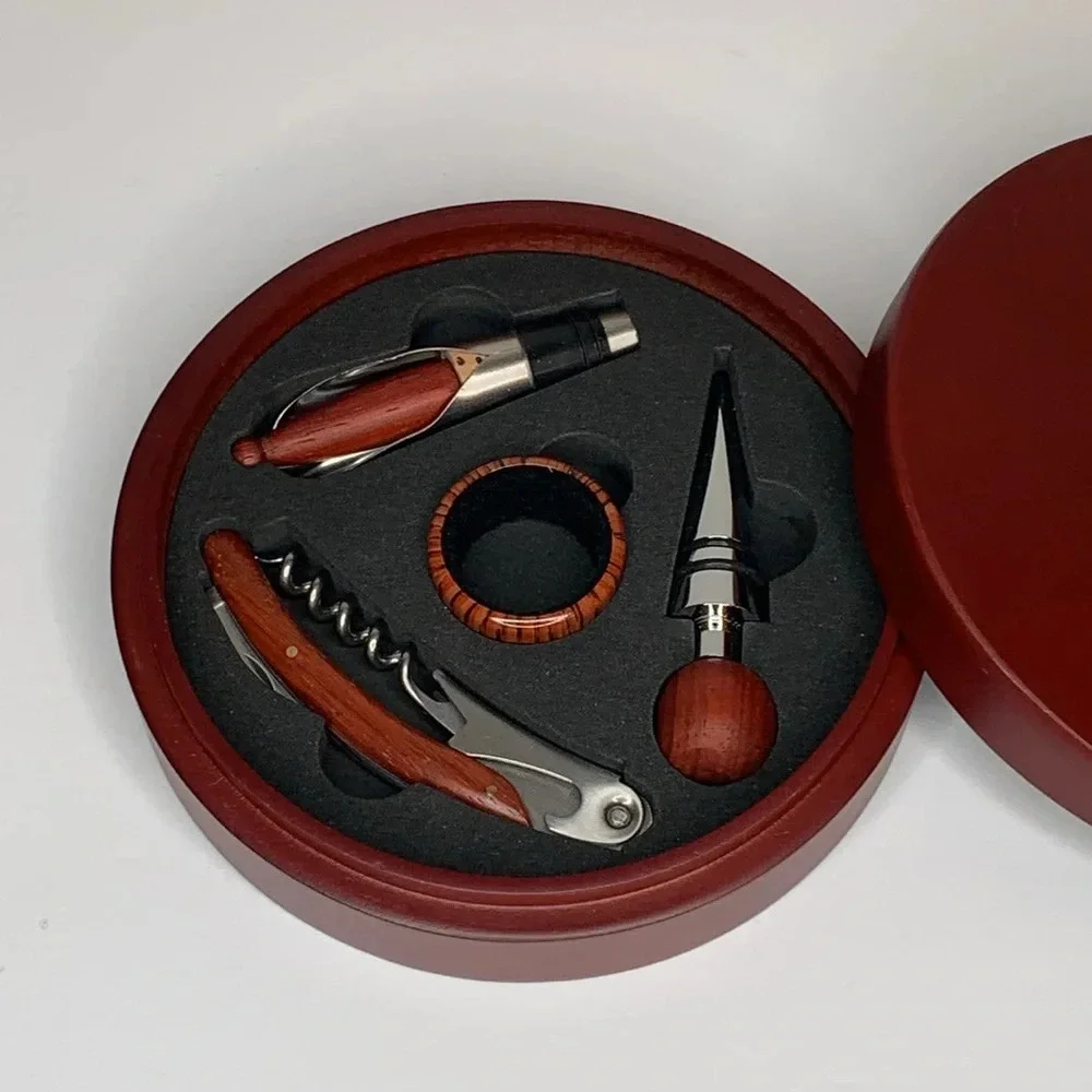 4 pc Elegant Brown Wine Tool Set Corkscrew Bottle Stopper Wine Pourer Gift Box